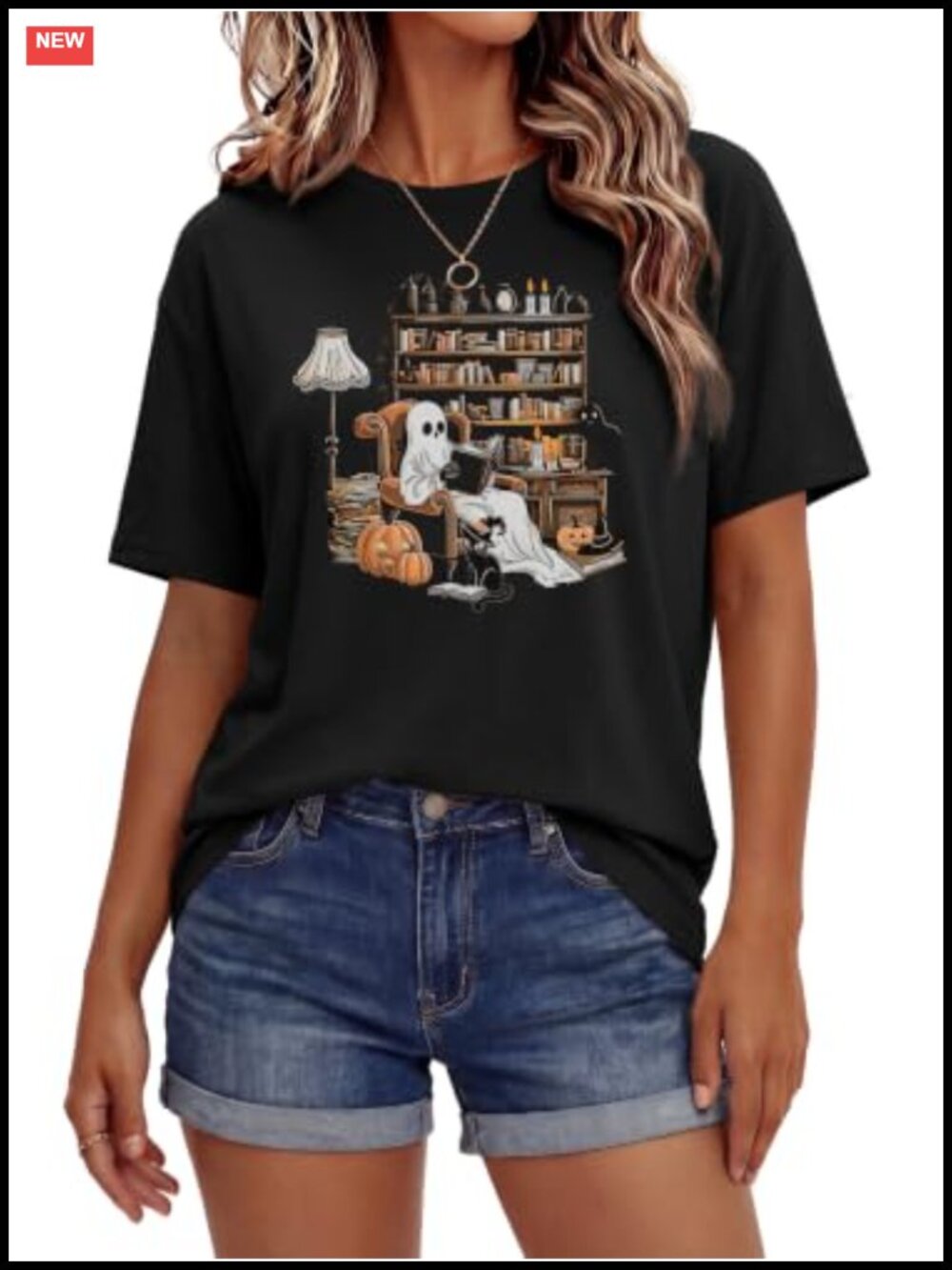 Oversized Halloween Doodles Graphic Tee Rayon Blend Short Sleeve Crewneck